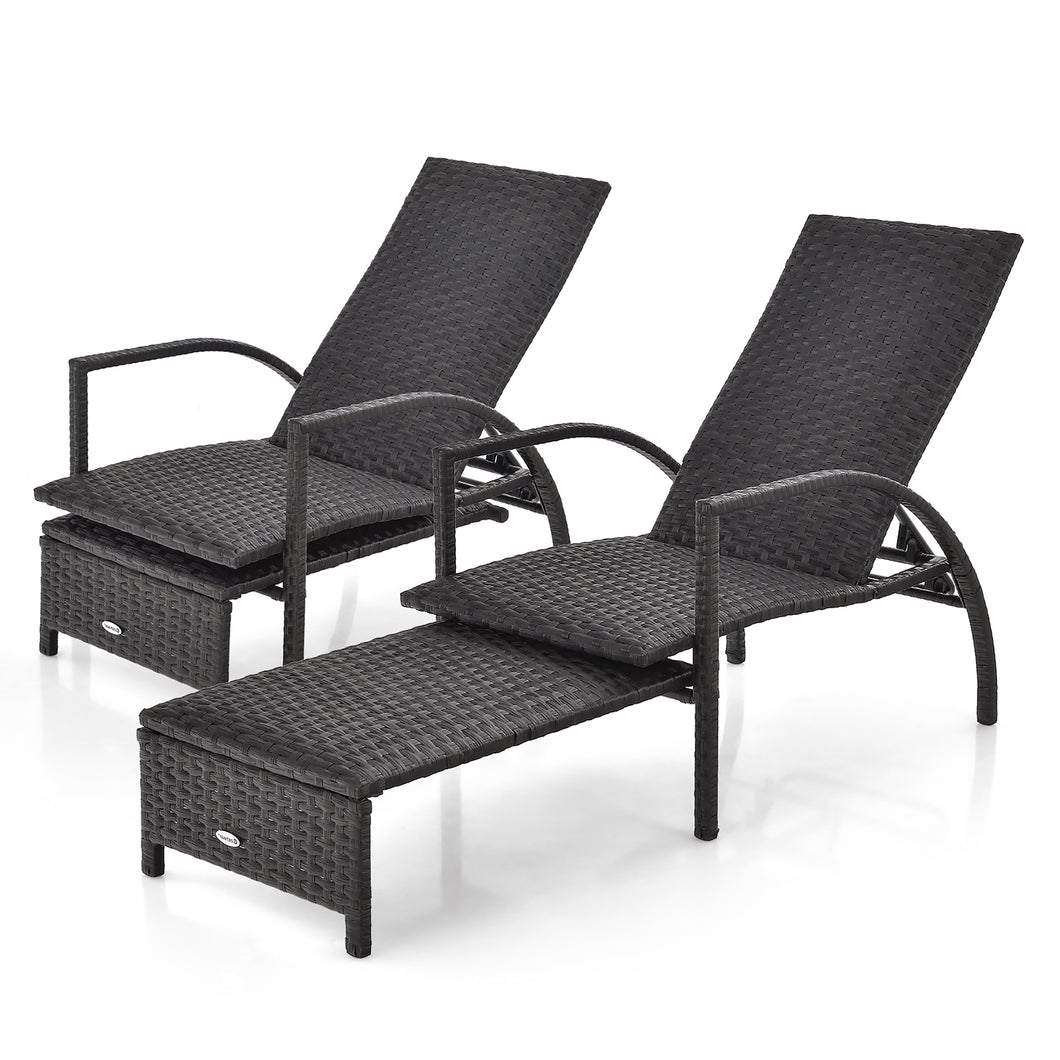 Gymax 2PCS Outdoor Chaise Lounge Rattan Recliner with  Retractable Ottoman for Patio