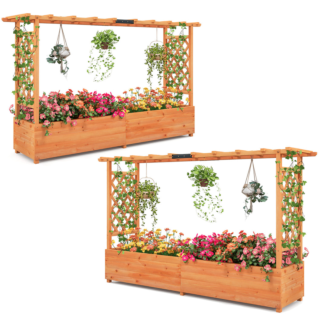 Gymax Raised Garden Bed with  2-Sided Trellis & Hanging Roof Fir Wood Planter Box with  Drainage Holes