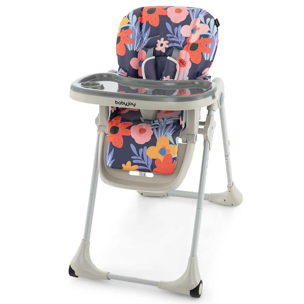 Baby High Chair with  7 Height & 3 Footrest Adjustable Cup holder 2 Wheels Flower