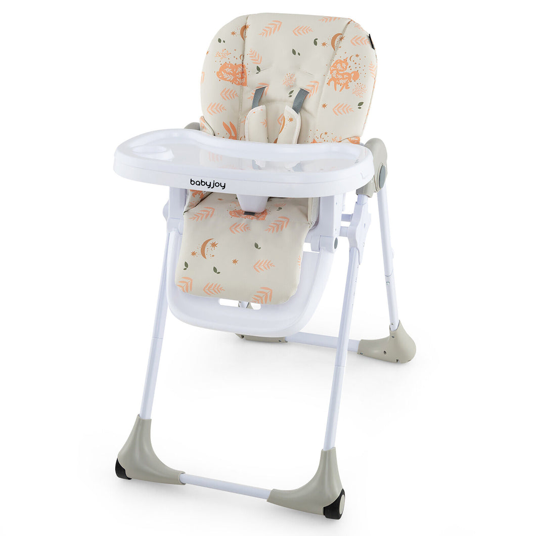 Baby High Chair with  7 Height & 3 Footrest Adjustable Cup holder 2 Wheels Beige