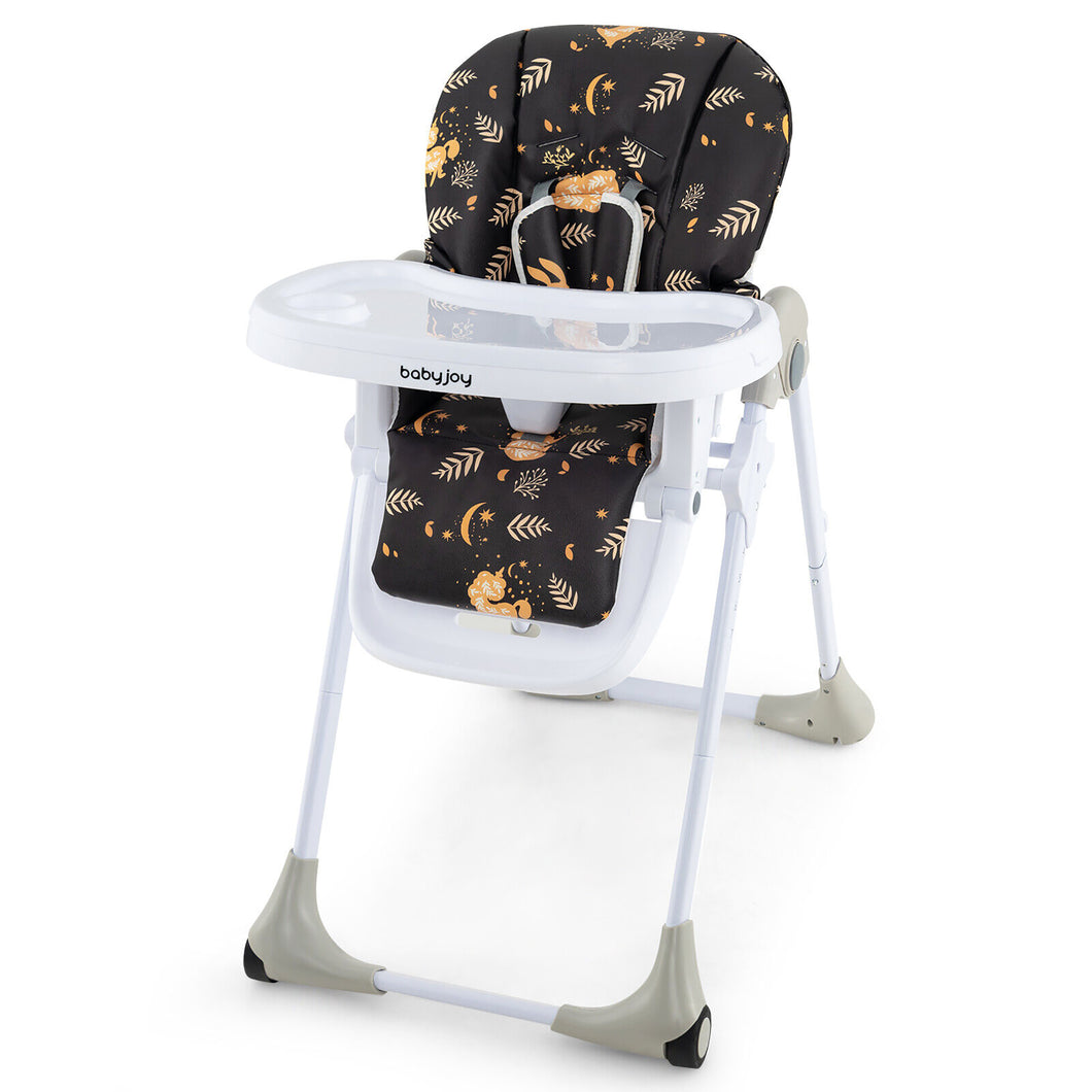 Baby High Chair with  7 Height & 3 Footrest Adjustable Cup holder 2 Wheels Black