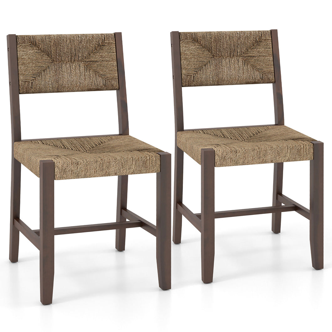 Gymax Wooden Dining Chair Set of 2 with  Natural Weave Seagrass Rattan Backrest & Seat
