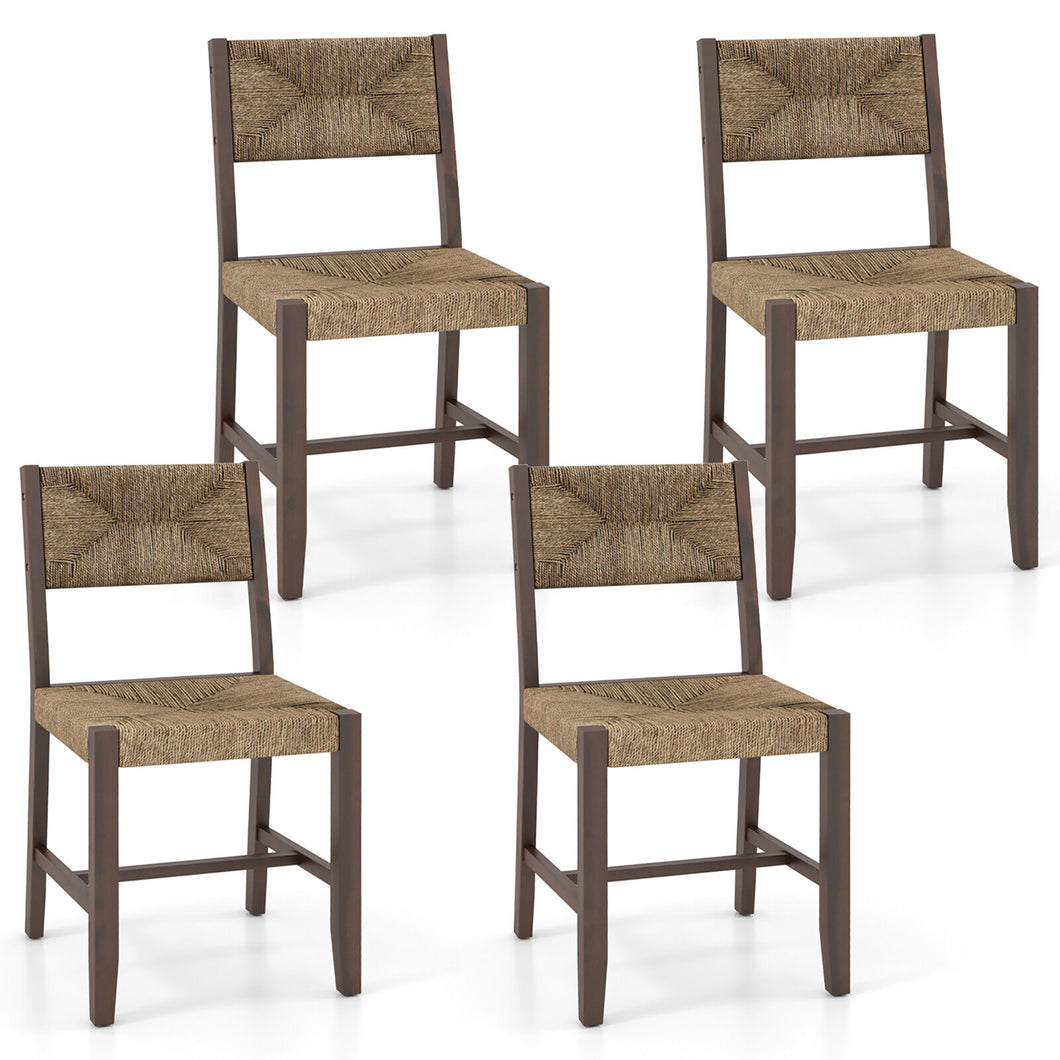 Gymax Wooden Dining Chair Set of 4 with  Natural Weave Seagrass Rattan Backrest & Seat