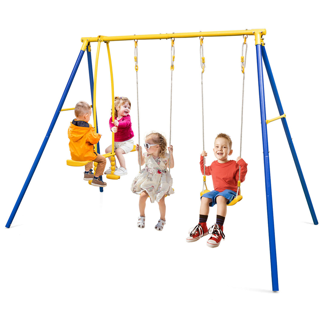 Gymax Metal Swing Set for Backyard with  A-frame Stand & Adjustable Hanging Ropes