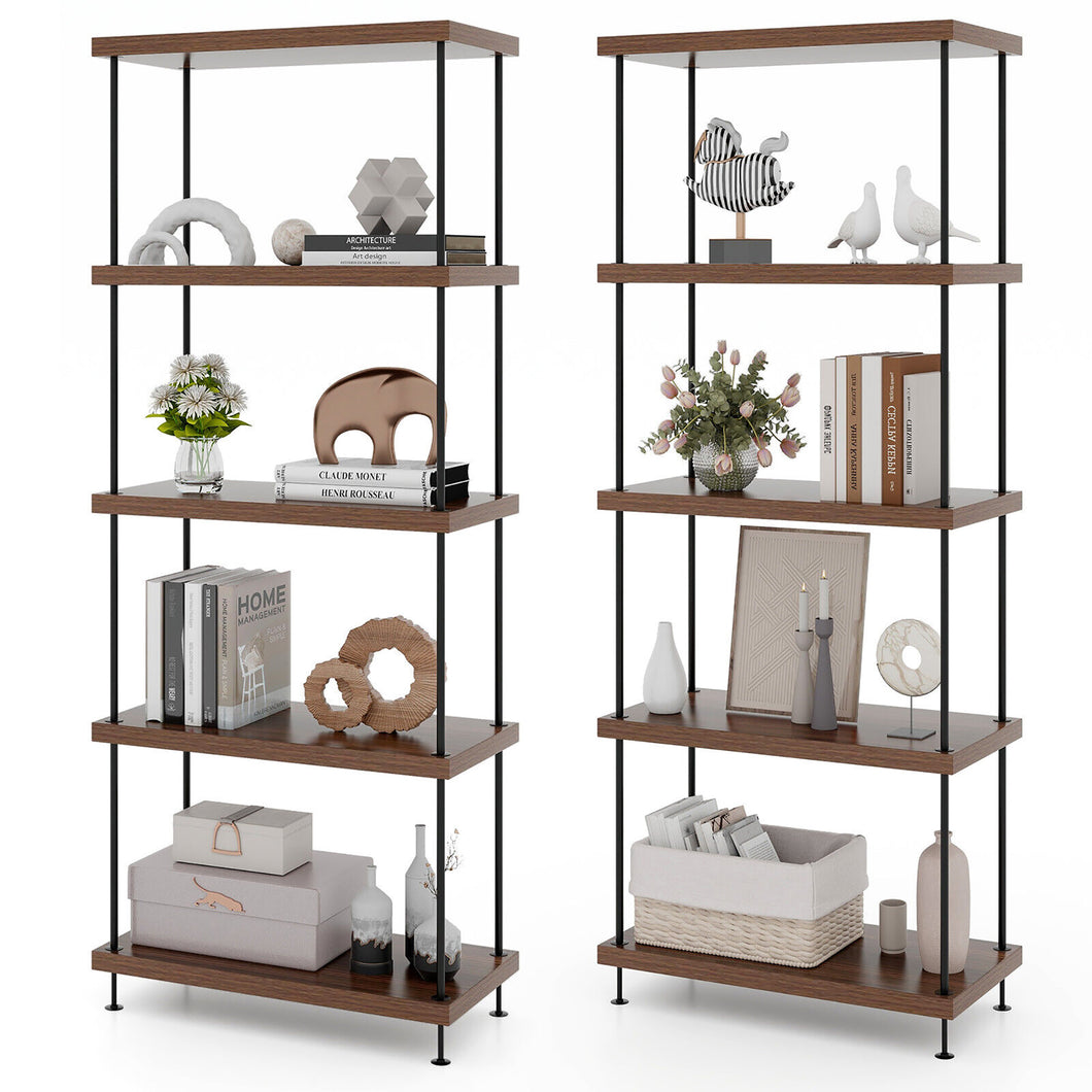 Gymax 2PCS 5-Tier Multipurpose Display Rack Freestanding Bookshelf with  Metal Frame Walnut