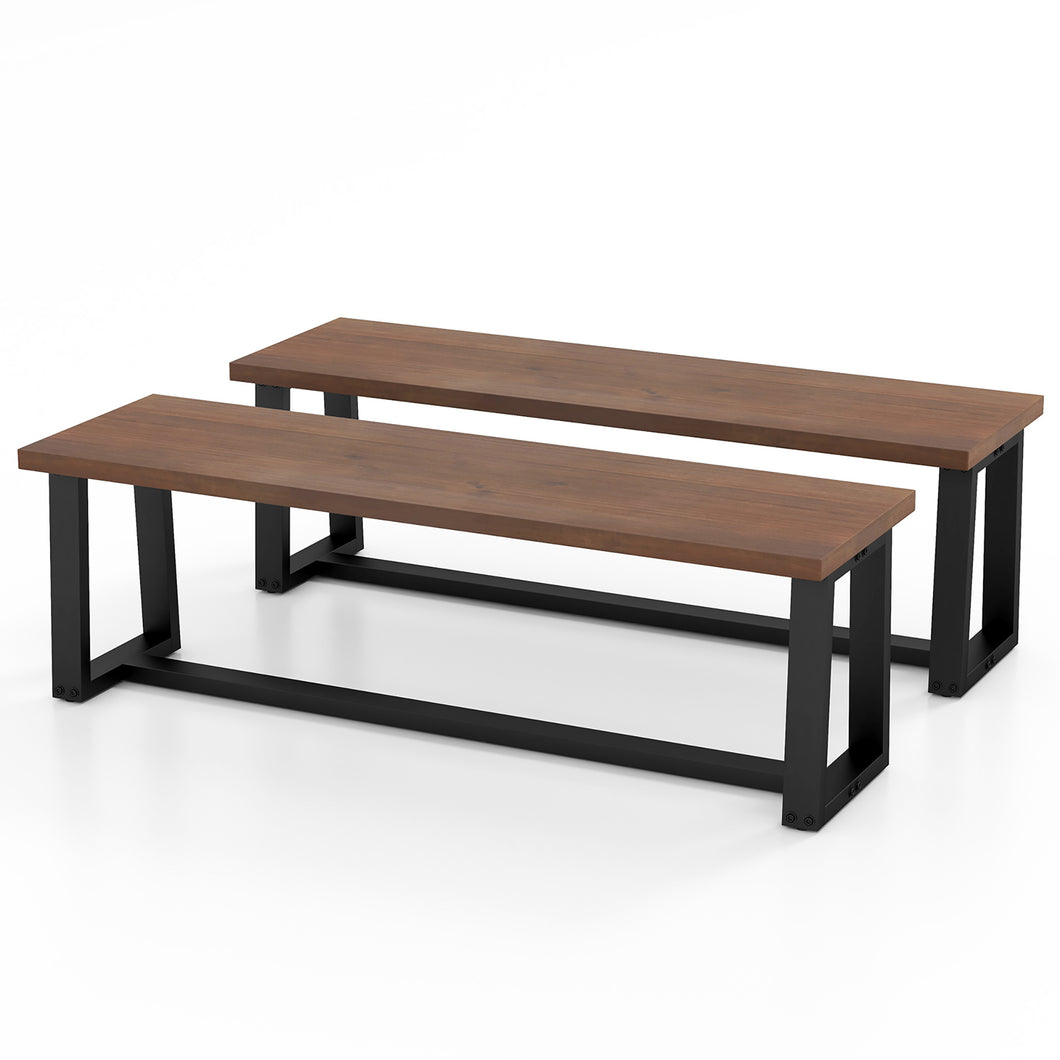 Gymax Set of 2 56.5''L Wood Dining Bench Metal Frame with  Adjustable Footpads Entryway Coffee