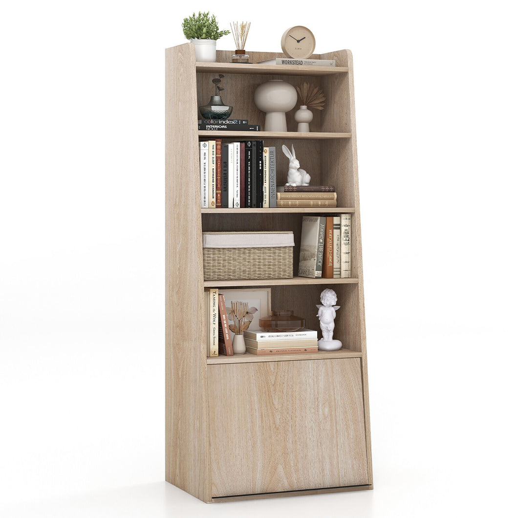 Gymax 6-tier Bookcase with  2 Adjustable Shelves Filp-up Door 5 Open Shelves Bedroom Natural