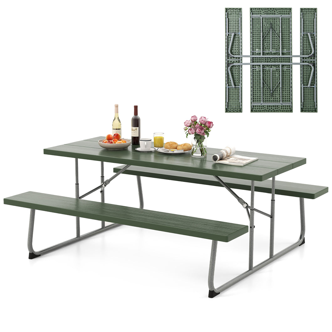 Gymax Folding Picnic Table with  2 Benches 6 FT Camping Table Set with  All-Weather HDPE Tabletop Green