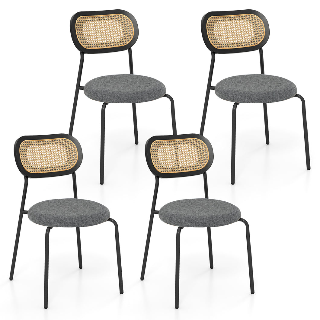 Gymax Rattan Dining Chair Set of 4 Upholstered Mesh Cane Backrest Kitchen Linen Fabric