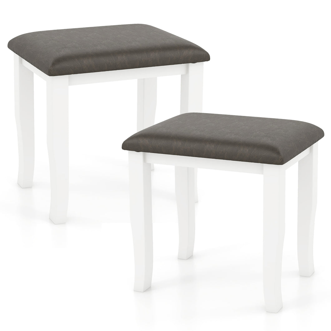 Gymax 2PCS Vanity Stool Chair Solid Wood Ottoman Set with  Padded Seat Cushion Gray