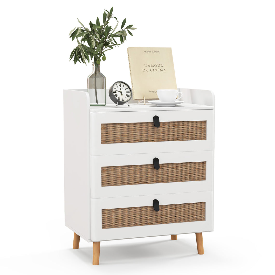 Gymax Modern Nightstand End Bedside Table with  3 Rattan Drawers & Solid Wood Legs White