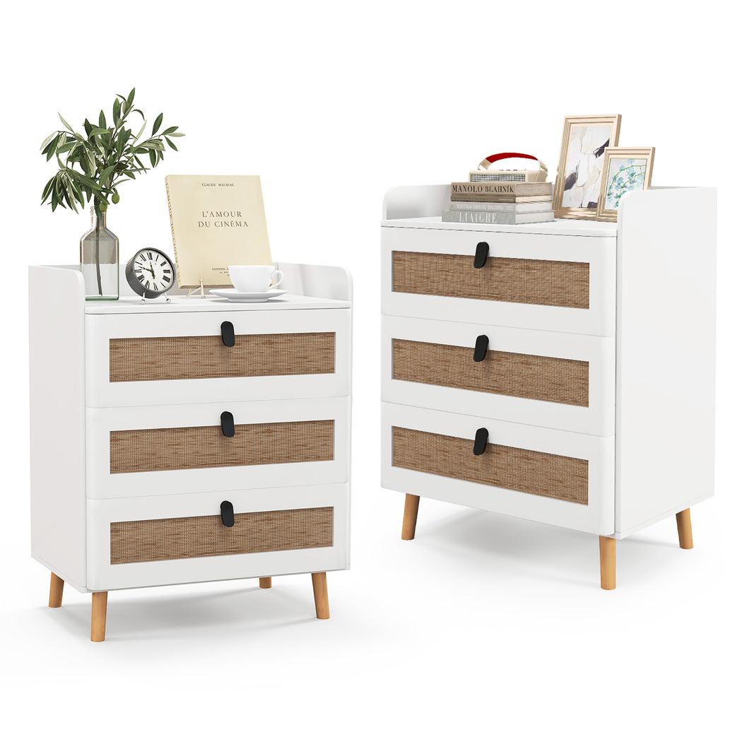 Gymax 2PCS Modern Nightstand End Bedside Table with  3 Rattan Drawers & Solid Wood Legs White