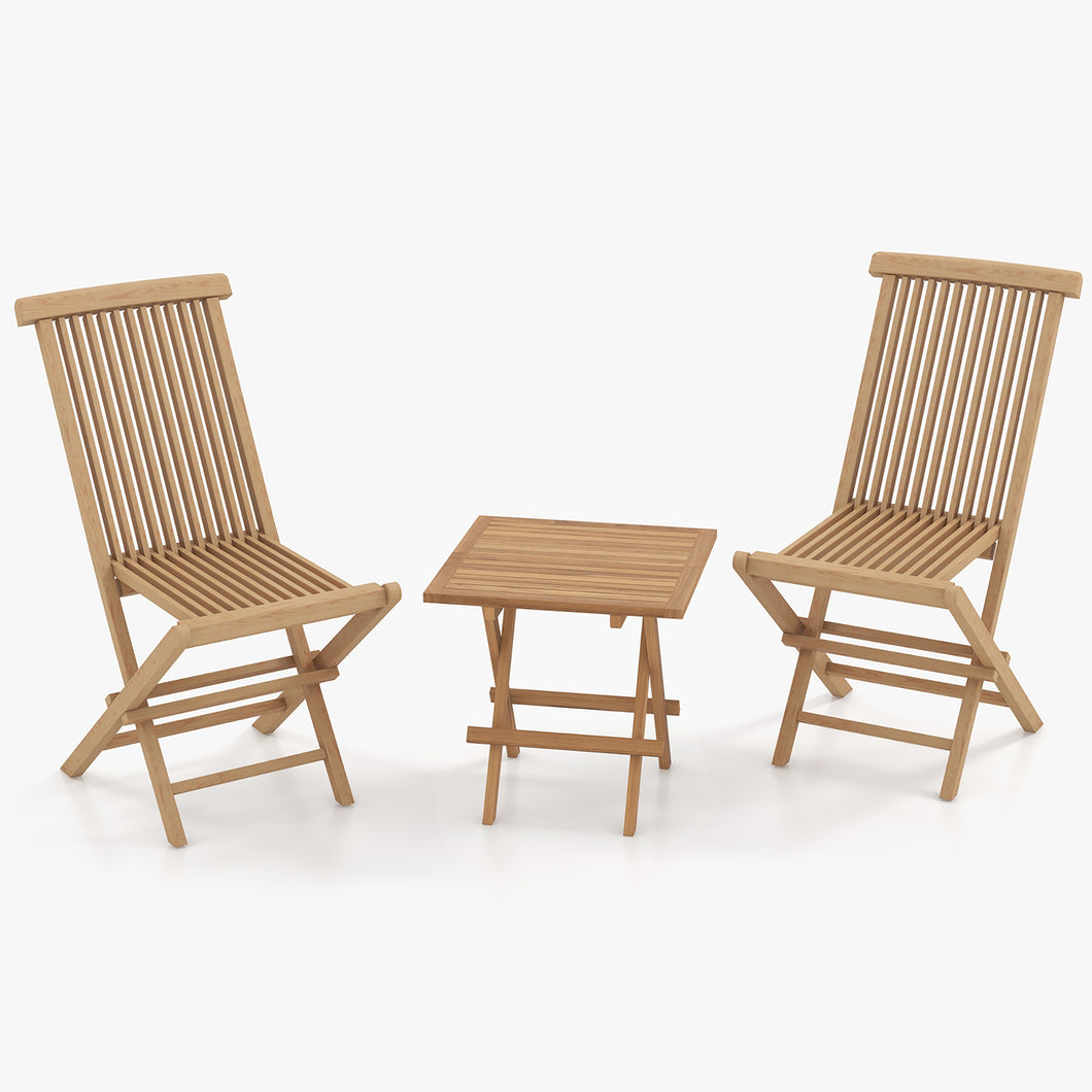 Gymax 3PCS Teak Wood Slatted Set Square Table Folding Chair without Assembly Patio