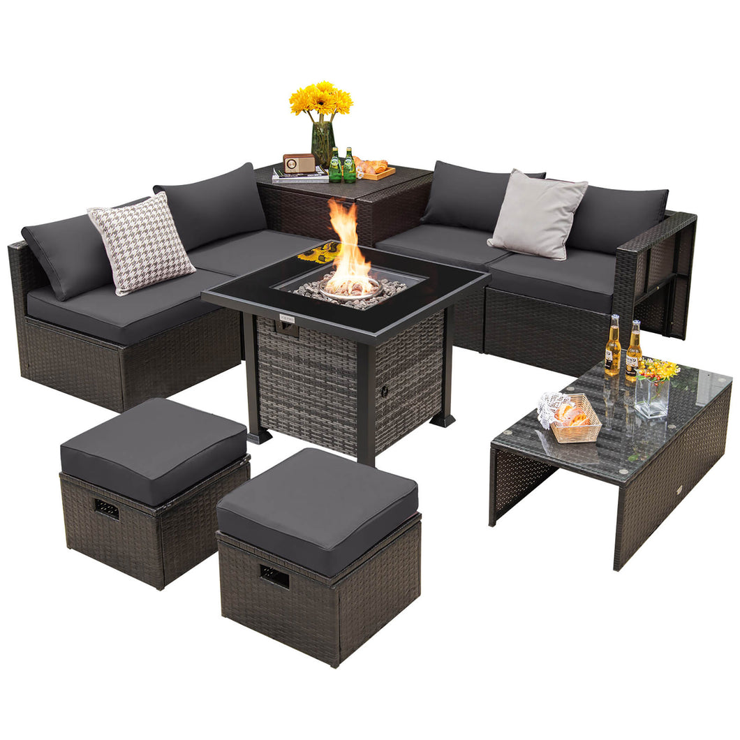 Gymax 9 Pieces Furniture Set with  50,000 BTU Propane Fire Pit Table Patio Gray