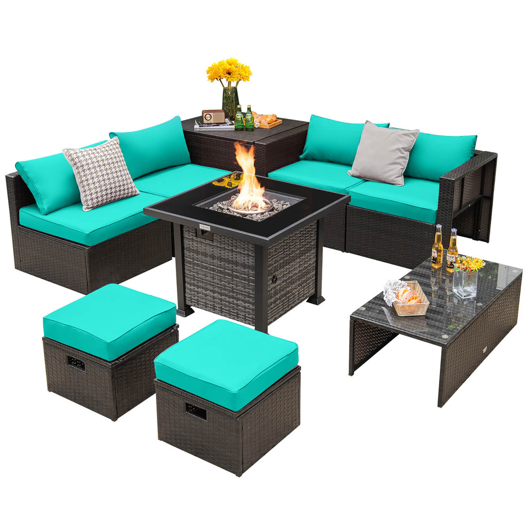 Gymax 9 Pieces Furniture Set with  50,000 BTU Propane Fire Pit Table Patio Turquoise