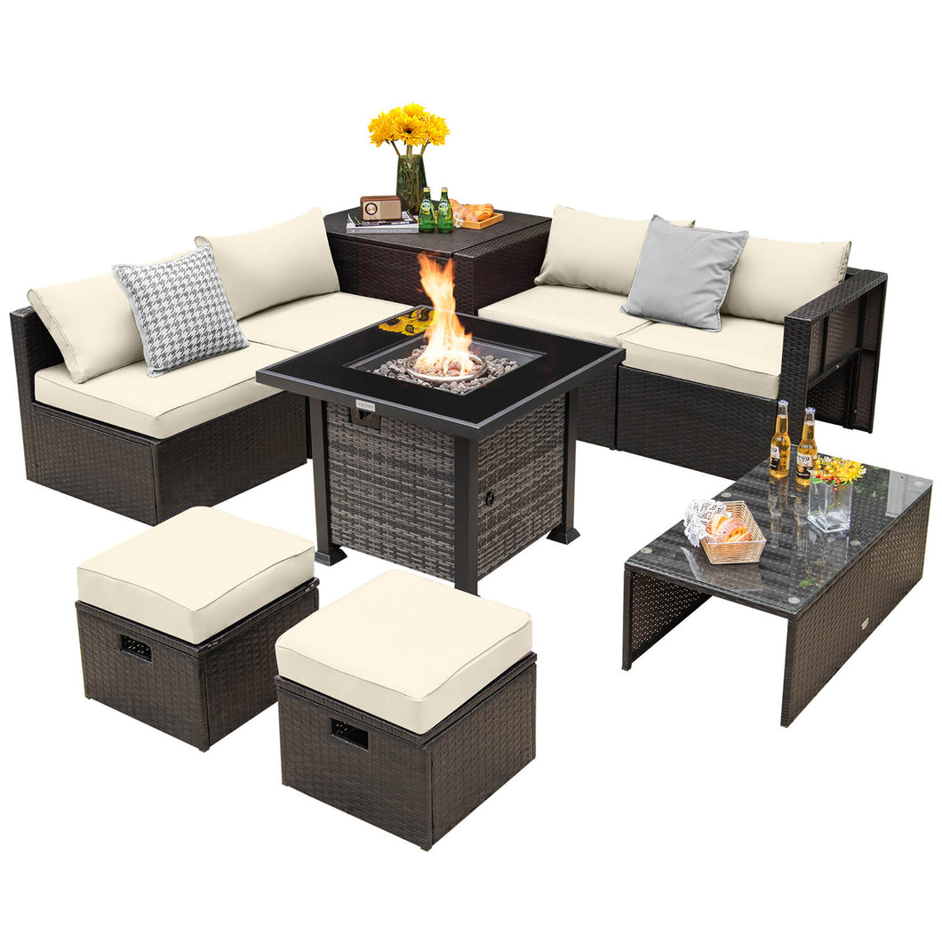 Gymax 9 Pieces Furniture Set with  50,000 BTU Propane Fire Pit Table Patio Off White