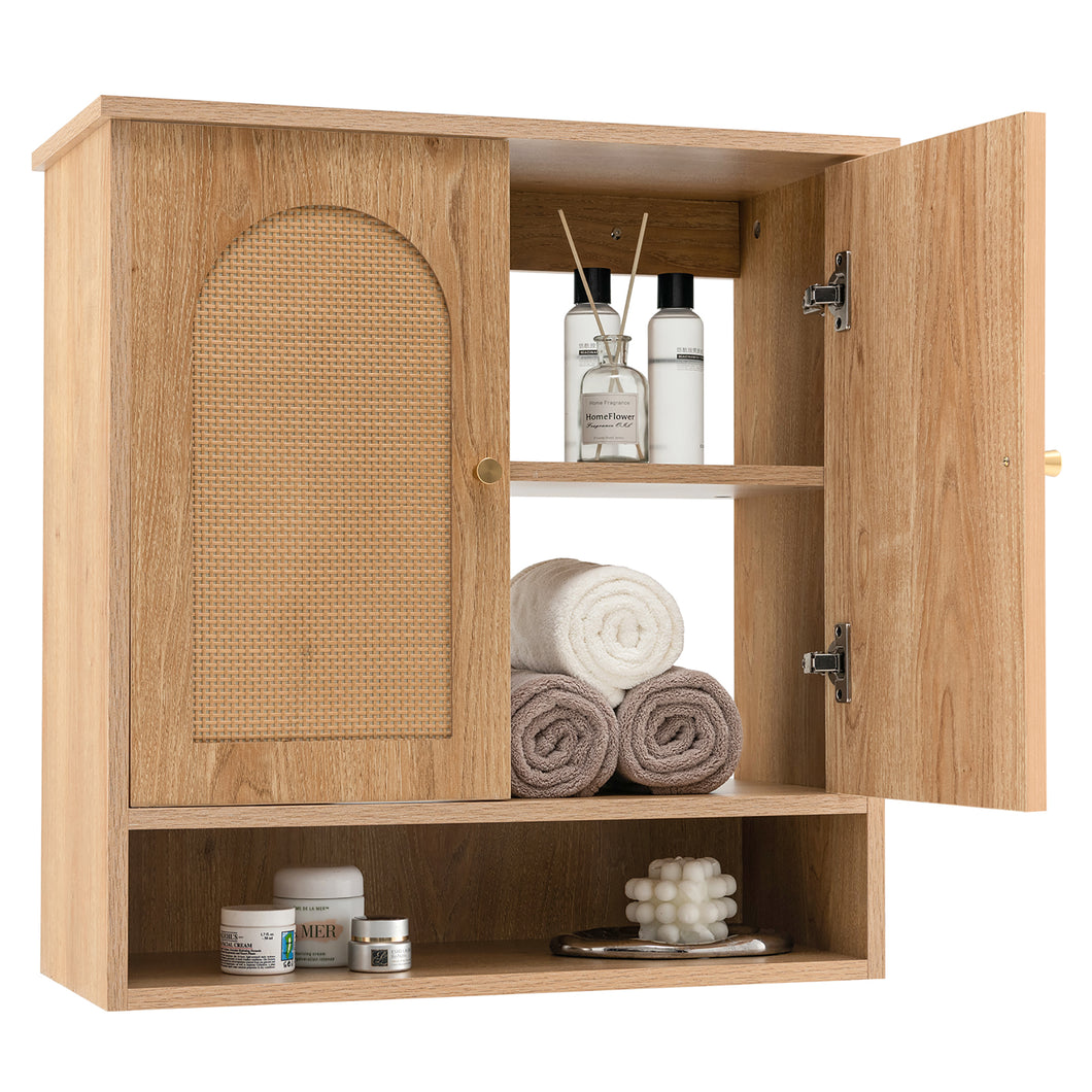 Gymax Wall Mounted Storage Cabinet 3-Tier Bathroom Cabinet with  2 Rattan Doors Natural