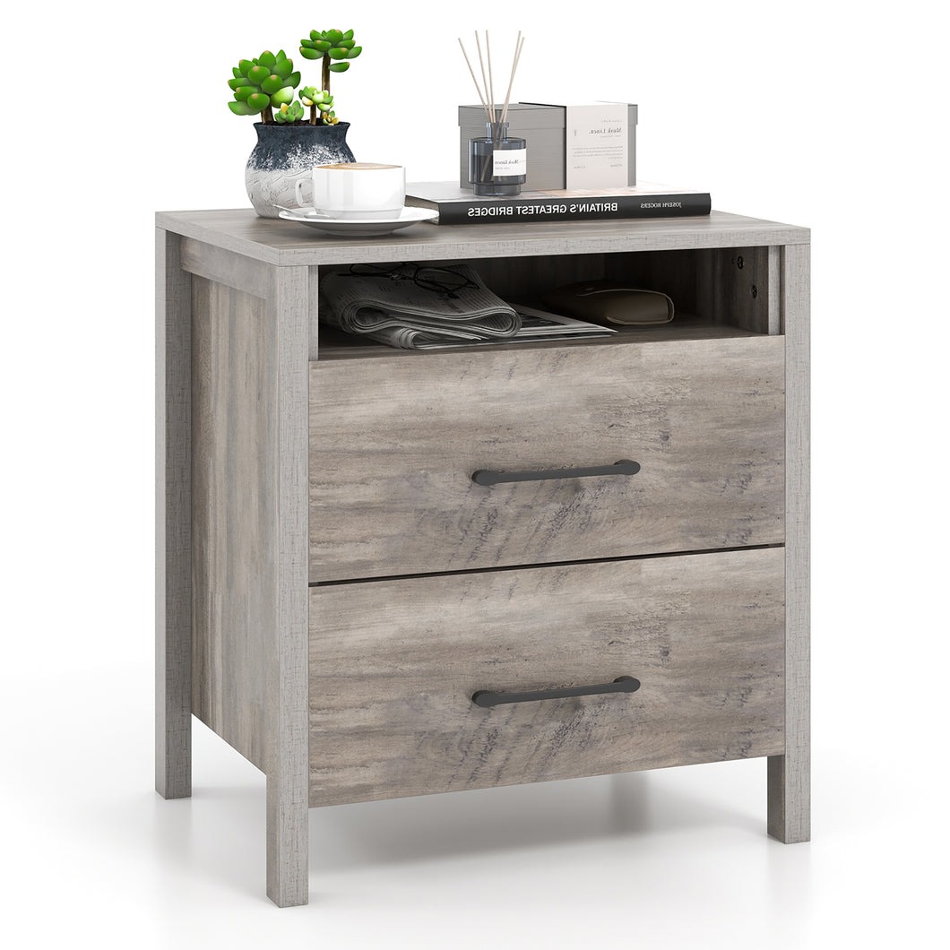 Gymax Nightstand with  2 Drawers Farmhouse Bed Side Table with  Open Storage Shelf