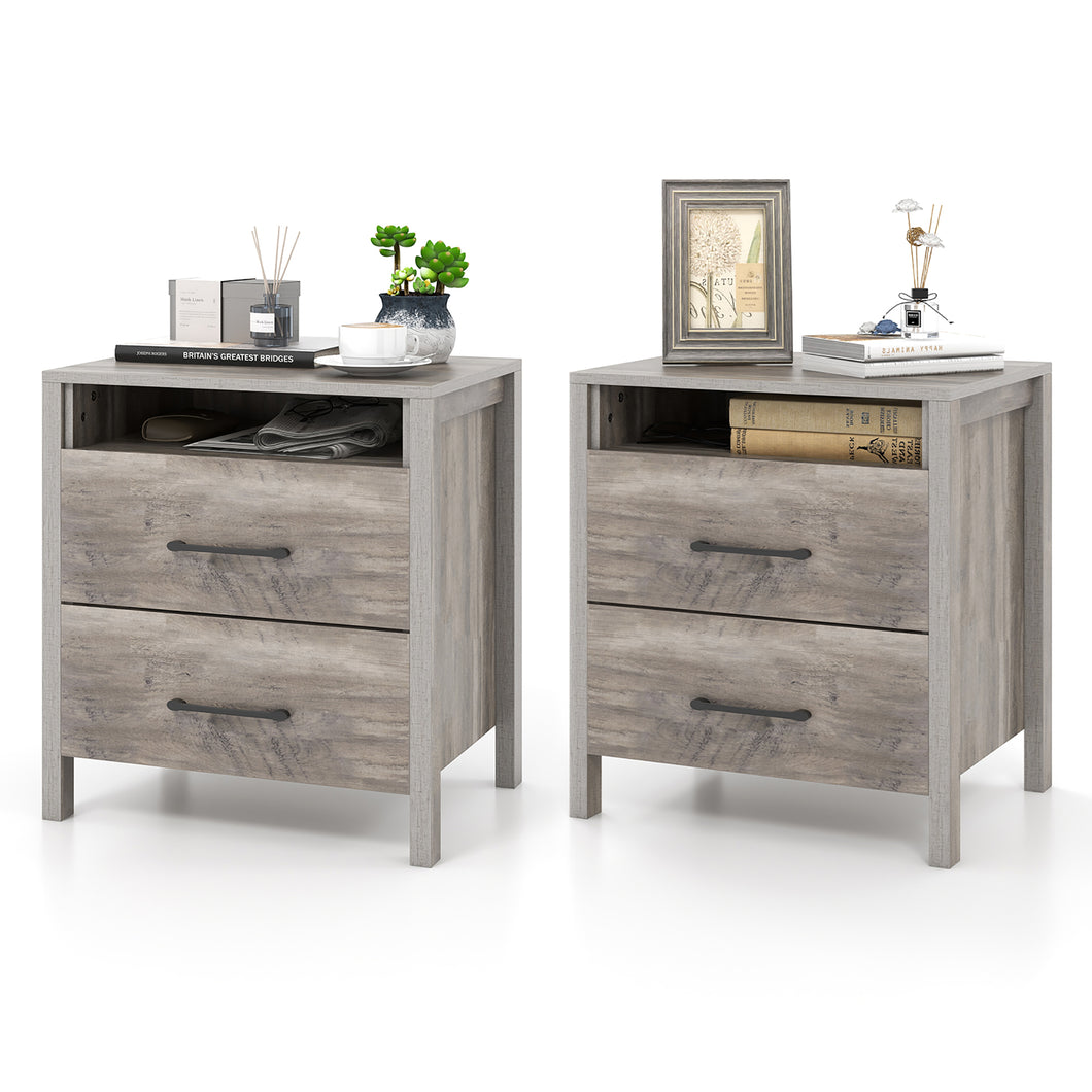Gymax 2 PCS Nightstand with  2 Drawers Farmhouse Bed Side Table with  Open Storage Shelf