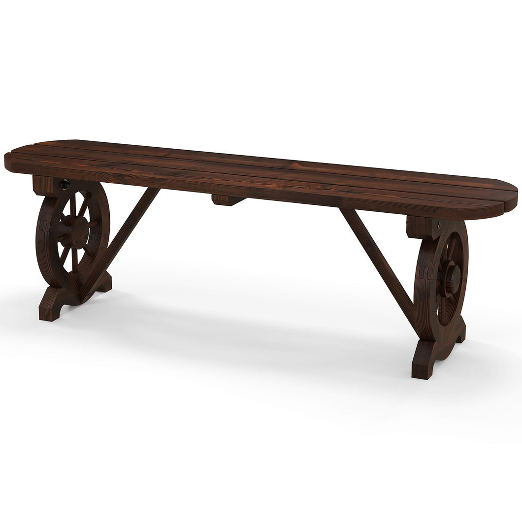Gymax Rustic Wood Bench with  Wagon Wheel Base Slatted Seat Design 710 LBS Max Load Patio