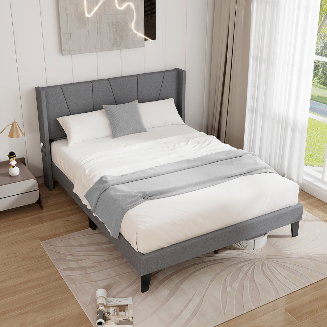 Gymax Queen Size Upholstered Bed Frame w/ Elastic Pockets Mattress Foundation Gray