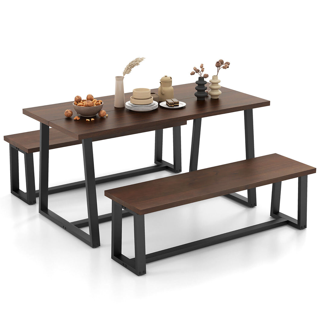 Gymax 3 Pieces Dining Table Set 63'' Large Table & 2 Long Benches for 4-6 People Coffee