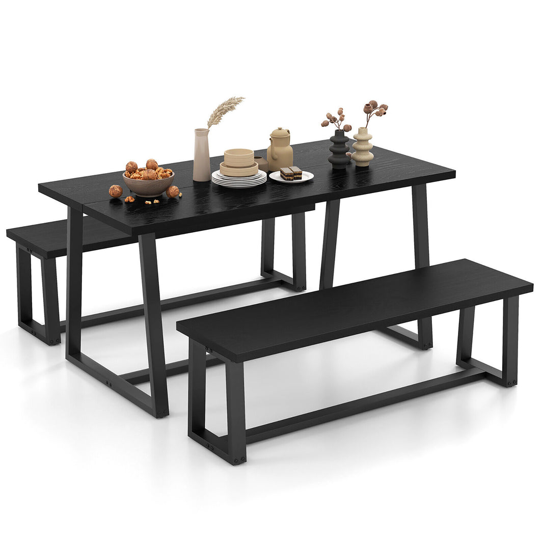 Gymax 3 Pieces Dining Table Set 63'' Large Table & 2 Long Benches for 4-6 People Black