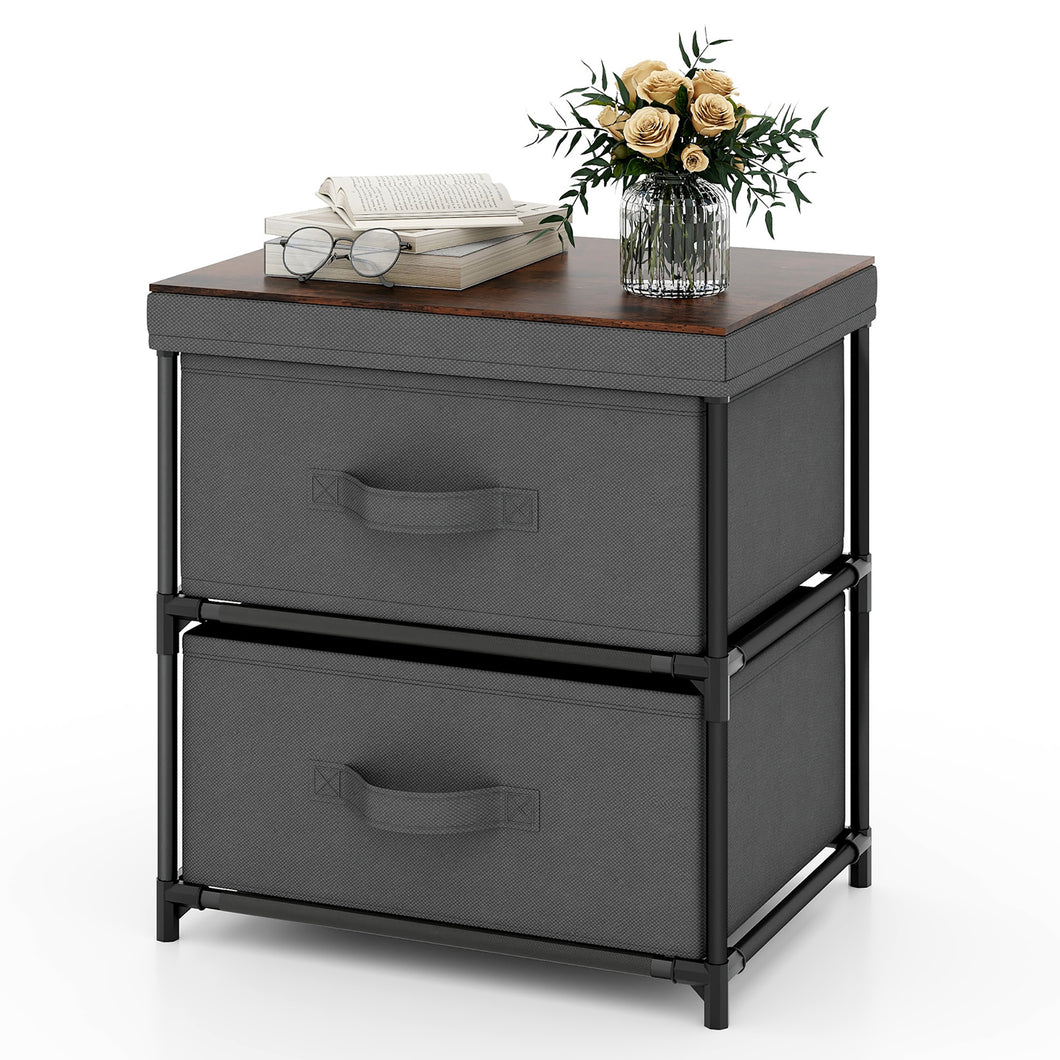 Gymax 2 Drawer Dresser Fabric Storage Organizer Nightstand Bedside Sofa Table Grey & Rustic Brown