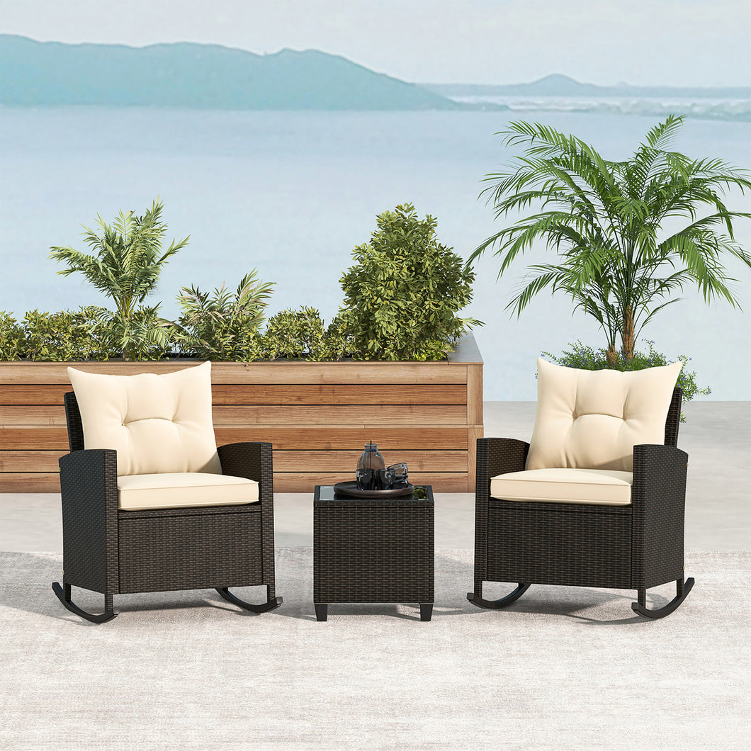 Gymax 3 Piece Outdoor Rocking Set Rattan Rocking Chair Set w/ Tempered Glass Table Seat