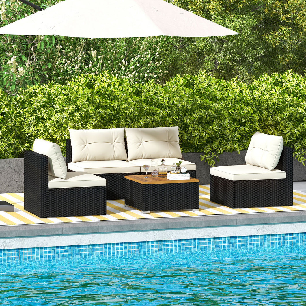 Gymax 5 PCS Rattan Sofa Set Outdoor Wicker Furniture Set w/ Back Cushions & Square Coffee Table