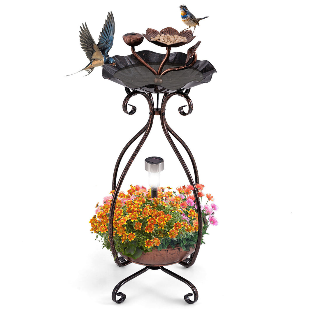 Gymax Solar Outdoor Bird Bath & Feeder Combo w/ Flower Planter Pedestal & Solar Lights Antique Bronze