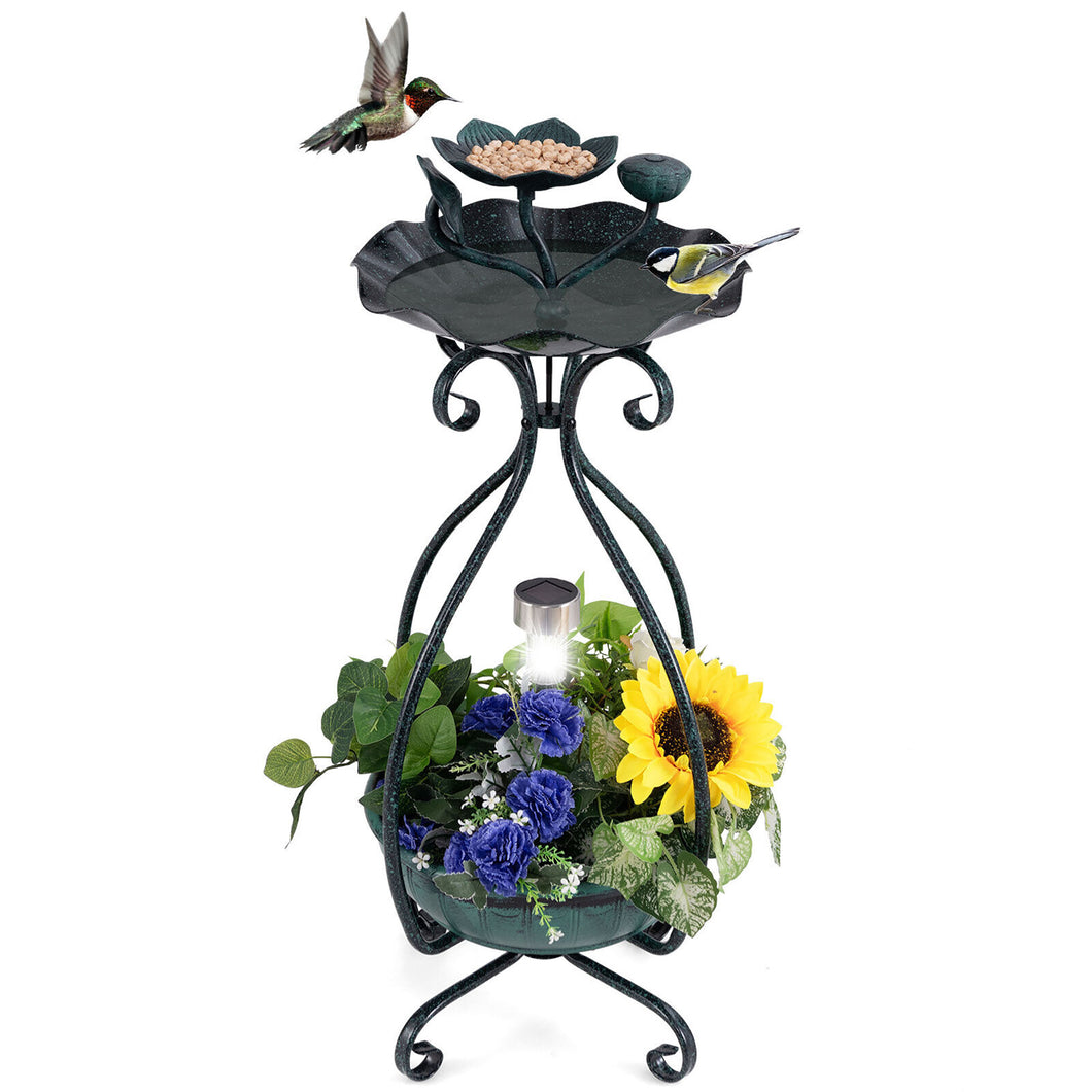 Gymax Solar Outdoor Bird Bath & Feeder Combo w/ Flower Planter Pedestal & Solar Lights Bronze