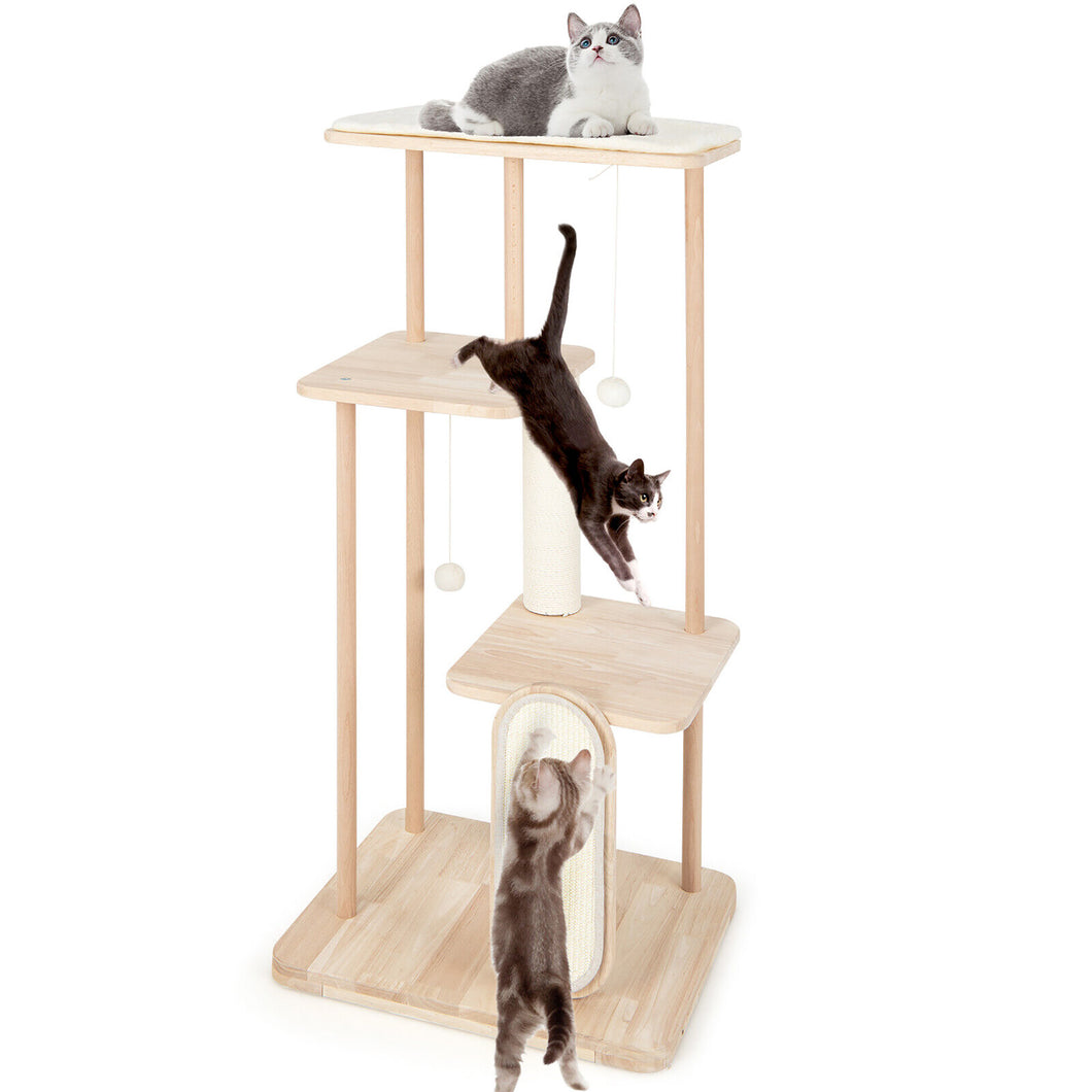 Gymax 50'' Tall Solid Wood Cat Tree w/ Oak Frame & Beech Post Scratching Board & Posts