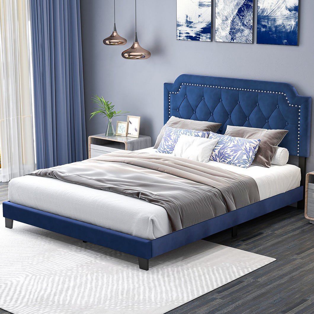 Gymax Queen Size Velvet Platform Bed w/ Button Tufted & Nailhead Trim Headboard