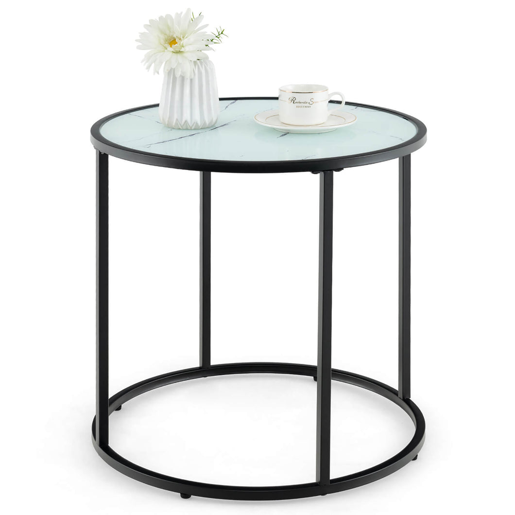 Gymax Glass End Table 20'' Round Side Table w/ Metal Frame & Faux Marble Glass Top