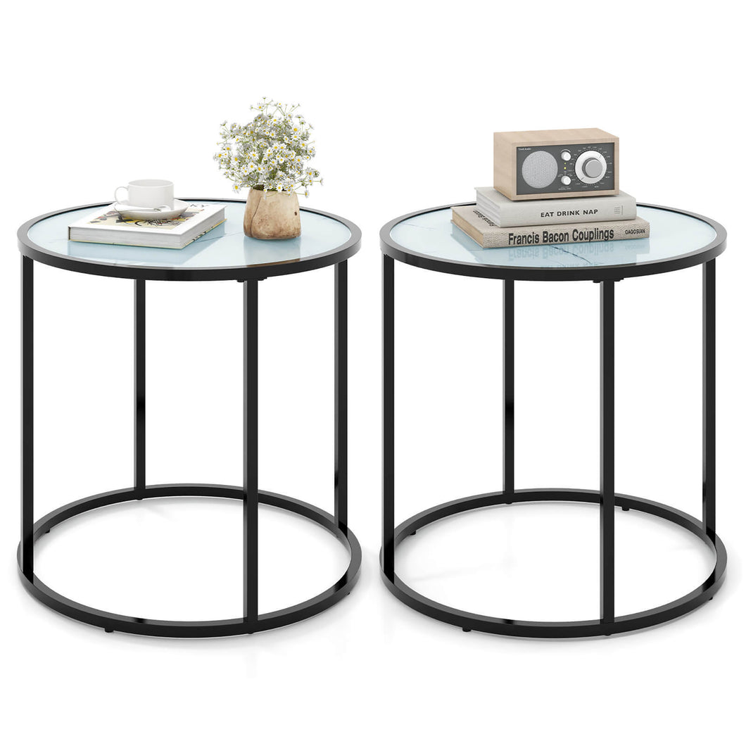 Gymax 2PCS Glass End Table 20'' Round Side Table w/ Metal Frame & Faux Marble Glass Top