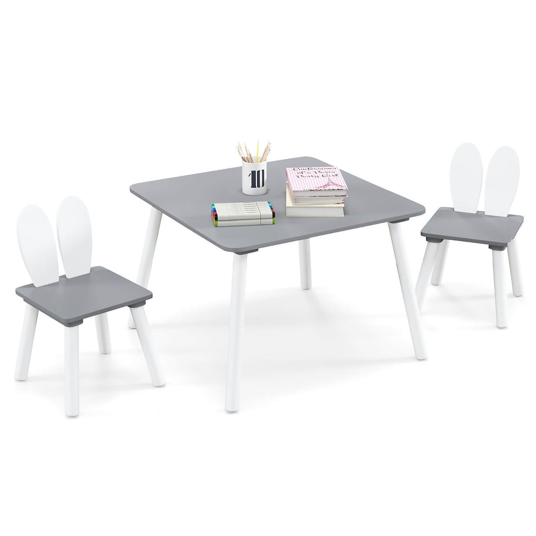 Gymax 3 Pieces Kids Table & Chairs Set Children Wooden Furniture Set w/ Solid Wood Legs Gray