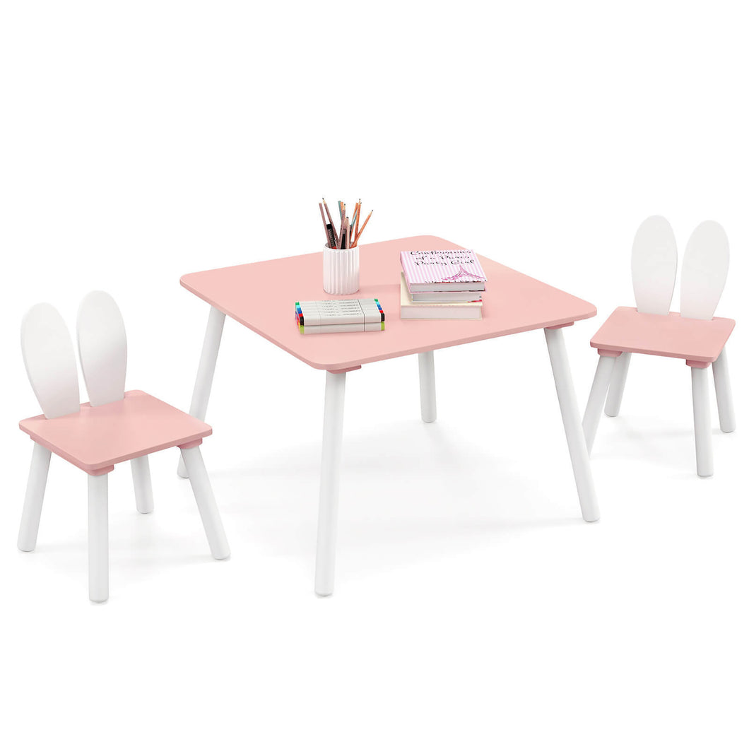 Gymax 3 Pieces Kids Table & Chairs Set Children Wooden Furniture Set w/ Solid Wood Legs Pink