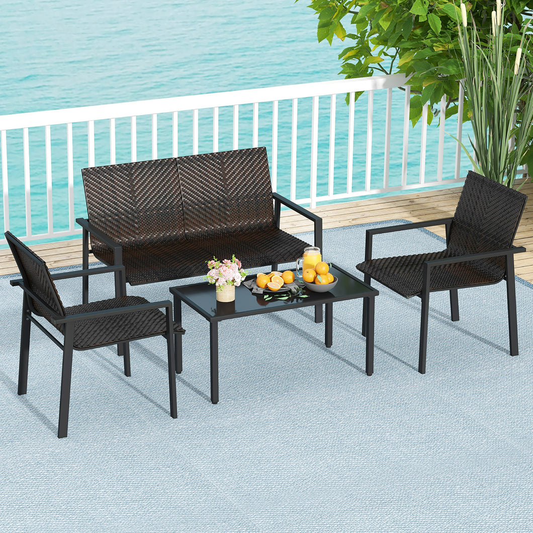 Gymax 4 PCS Patio Furniture Set Heavy Duty Galvanized Metal Frame Wicker Table Mix Brown