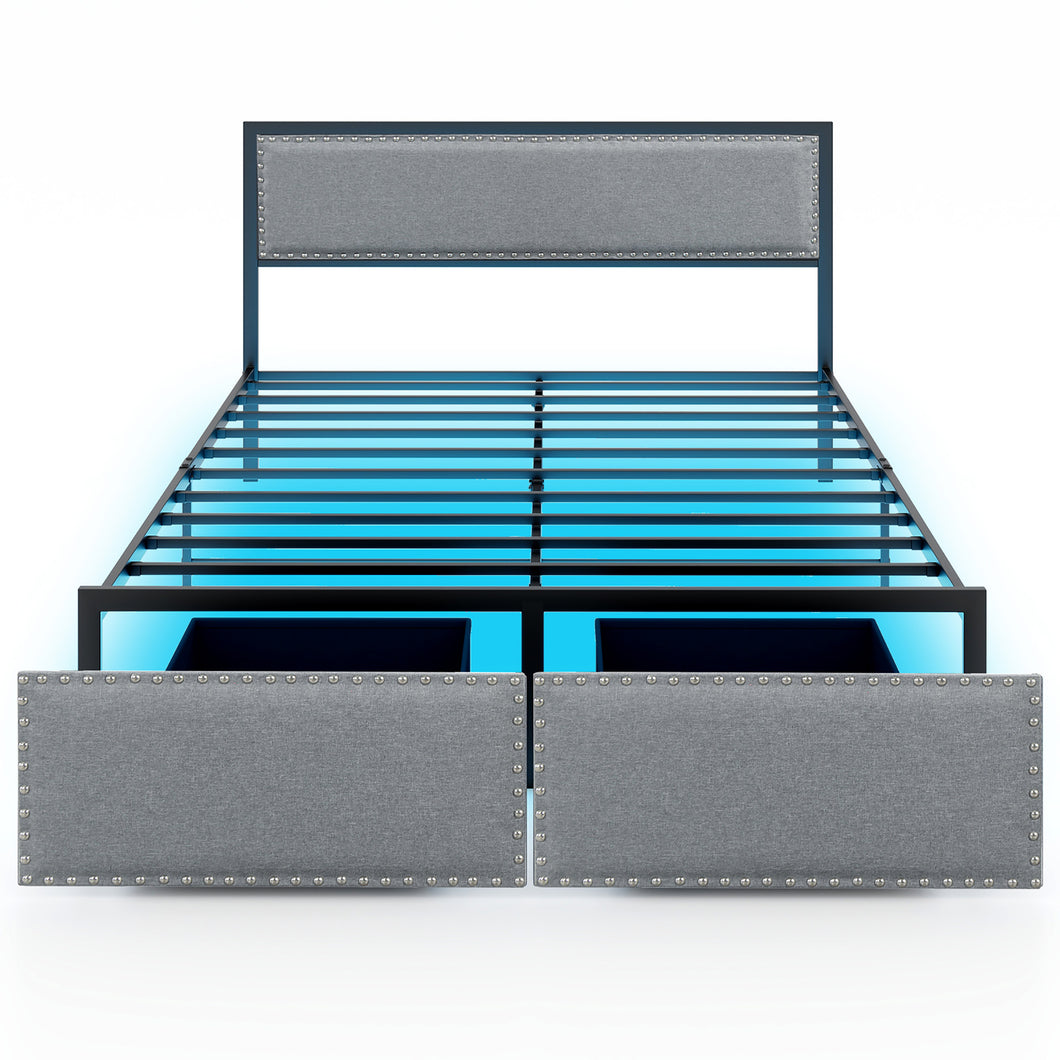 Gymax Queen Size Bed Frame w/ 2 Storage Drawers LED Lights Slats Support Modern