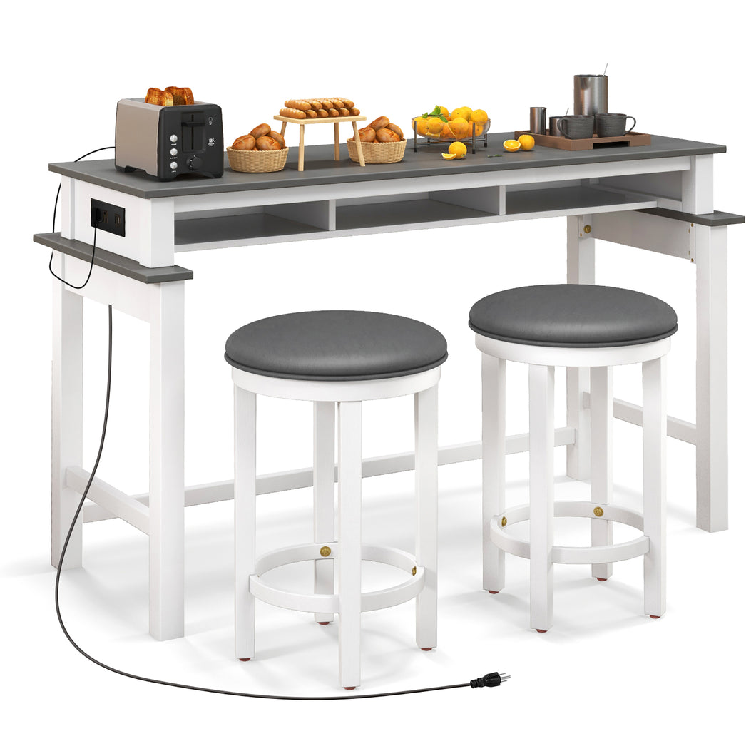 Gymax 3-Piece Home Bar Set Counter Height Bar Table w/ 2 Upholstered Bar Stools White & Grey
