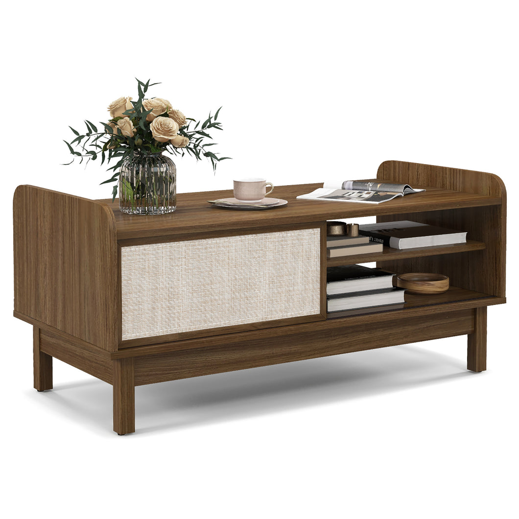 Gymax Rectangular Coffee Table w/ Storage Weaving Sliding Door & Adjustable Shelf