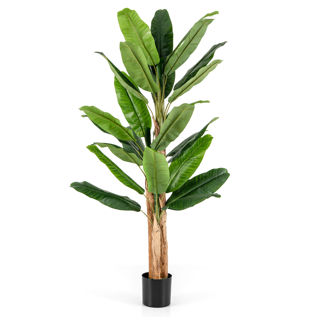 Gymax 6.5' Tall Artificial Banana Tree w/ 27 Large Leaves Triple Stalks Natural Bark