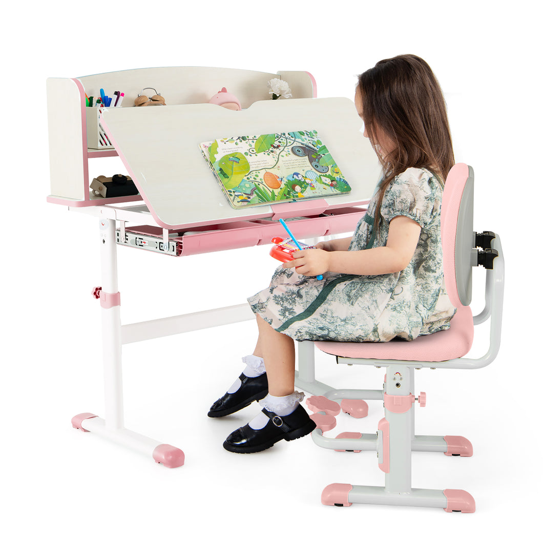 Gymax Kids Desk & Chair Set Height Adjustable Children School Study Table & Chair Pink
