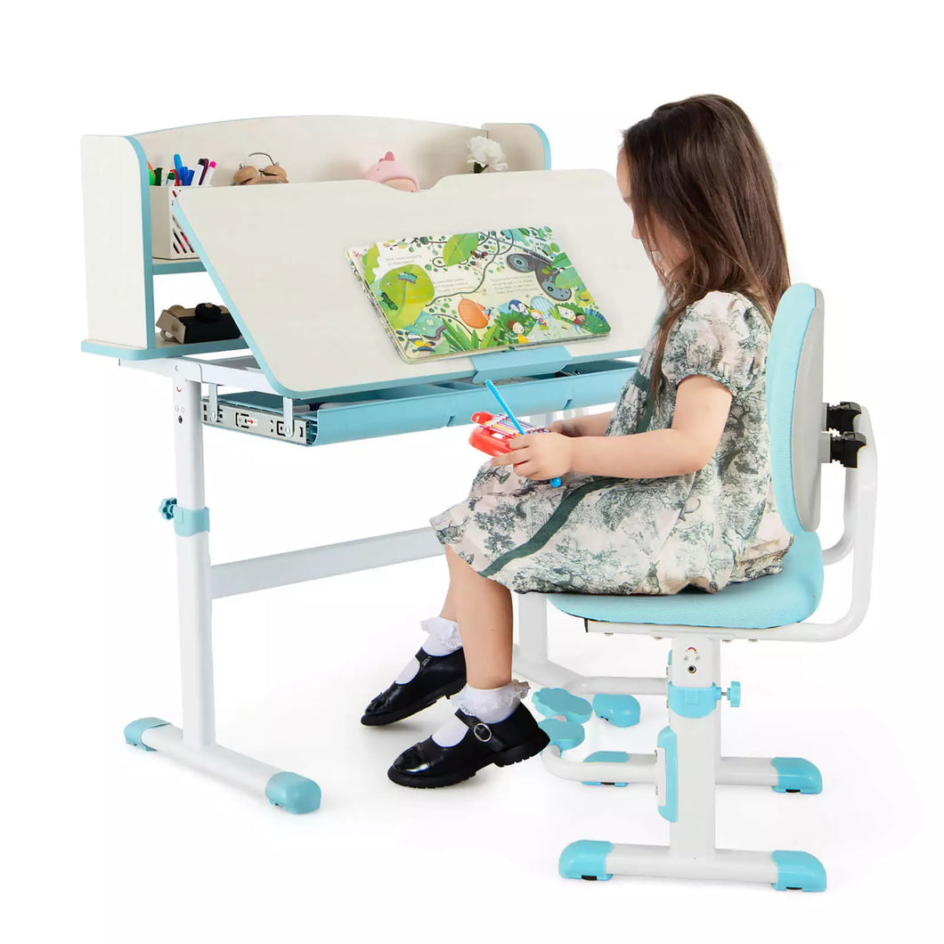 Gymax Kids Desk & Chair Set Height Adjustable Children School Study Table & Chair Blue