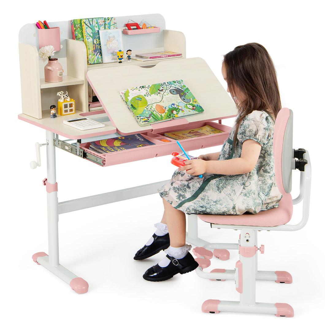 Gymax Pink Kids Desk & Chair Set Height Adjustable Children School Study Table & Chair