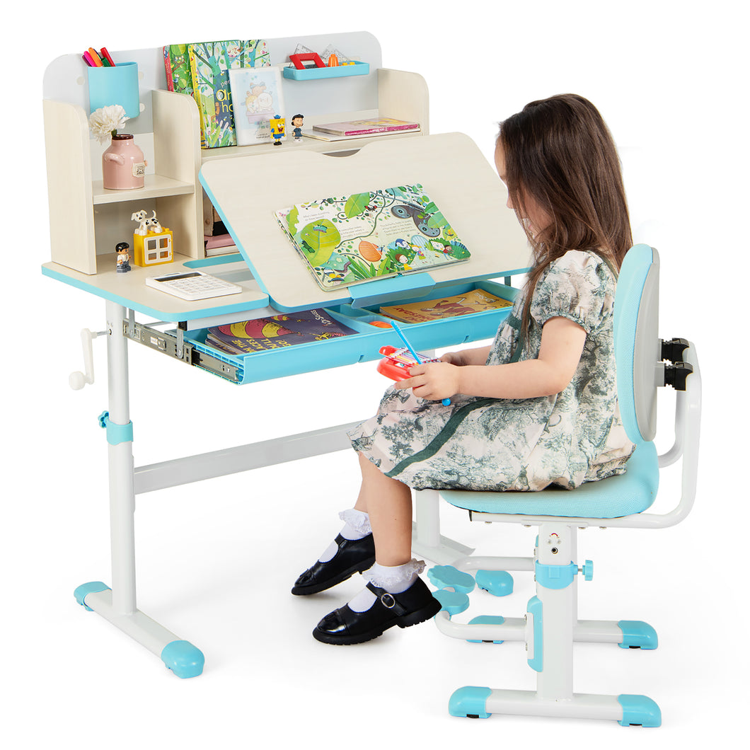Gymax Blue Kids Desk & Chair Set Height Adjustable Children School Study Table & Chair