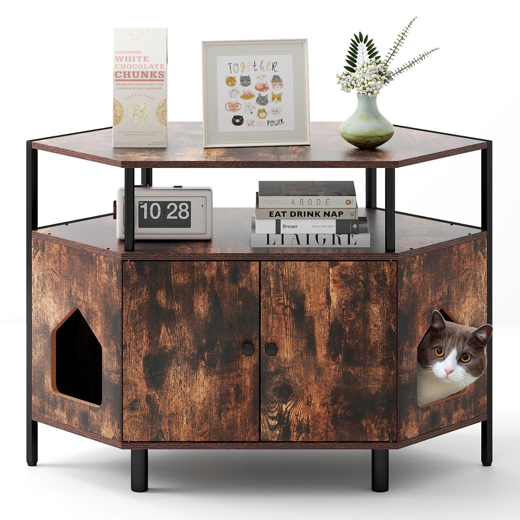 Gymax Corner Cat Litter Box Enclosure End Table w/ Open Shelf 2 Entries Double Doors Rustic Brown