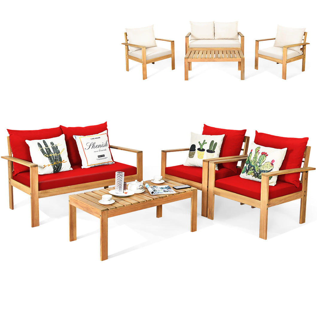 Gymax 4 Pieces Outdoor Patio Acacia Wood Sofa Set Conversation with  Cushion Cover Red