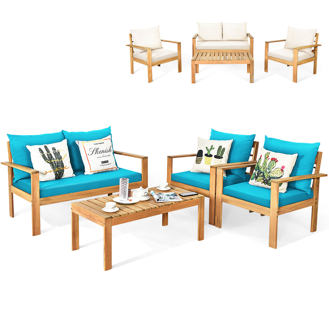 Gymax 4 Pieces Outdoor Patio Acacia Wood Sofa Set Conversation with  Cushion Cover Turquoise